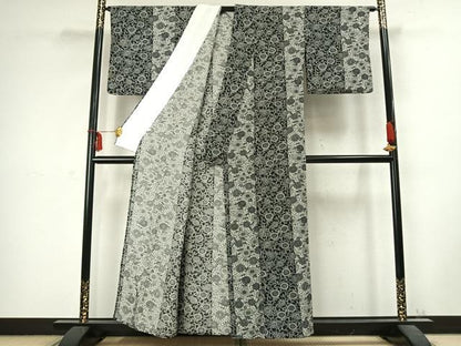 平和屋着物▽上質な小紋 単衣 型染め 花唐草文 正絹 逸品 AABC3936fy