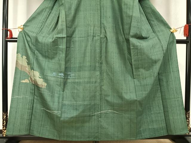 平和屋着物▽訪問着　単衣　紬地　幾何学文様　正絹　逸品　AABC3939fy