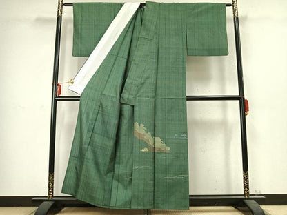 平和屋着物▽訪問着　単衣　紬地　幾何学文様　正絹　逸品　AABC3939fy