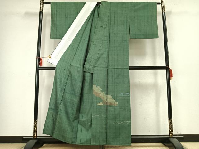 平和屋着物▽訪問着　単衣　紬地　幾何学文様　正絹　逸品　AABC3939fy
