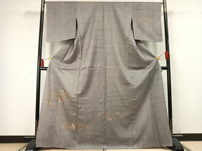 平和屋着物▽訪問着 単衣 紬地 駒刺繍 草花文 金彩 正絹 逸品 AABC3942fy