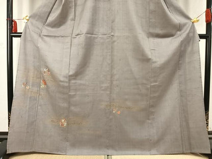 平和屋着物▽訪問着 単衣 紬地 駒刺繍 草花文 金彩 正絹 逸品 AABC3942fy