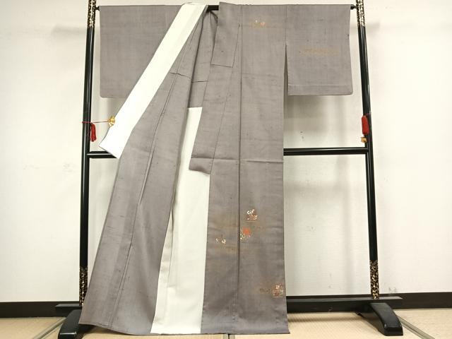 平和屋着物▽訪問着 単衣 紬地 駒刺繍 草花文 金彩 正絹 逸品 AABC3942fy