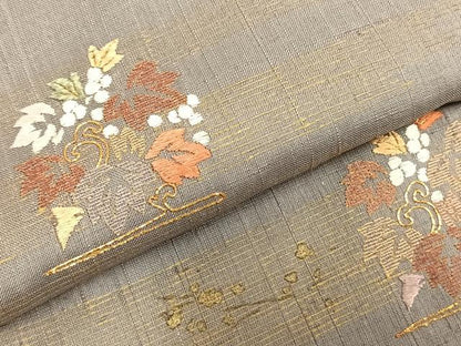 平和屋着物▽訪問着 単衣 紬地 駒刺繍 草花文 金彩 正絹 逸品 AABC3942fy
