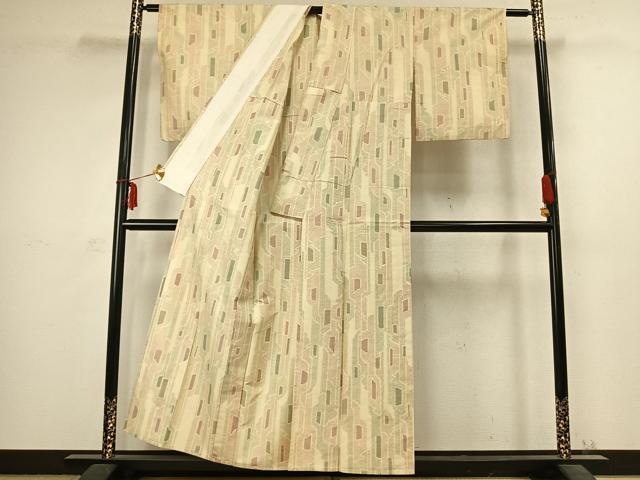 平和屋着物▽上質な紬 単衣 幾何学文様 正絹 逸品 AABC3943fy