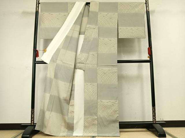 平和屋着物▽藤倉守正 本塩沢 単衣 市松文様 正絹 逸品 AABC3947fy