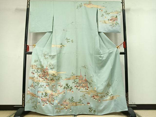 平和屋着物▽訪問着 単衣 人物風景文 金彩 正絹 逸品 AABC3948fy