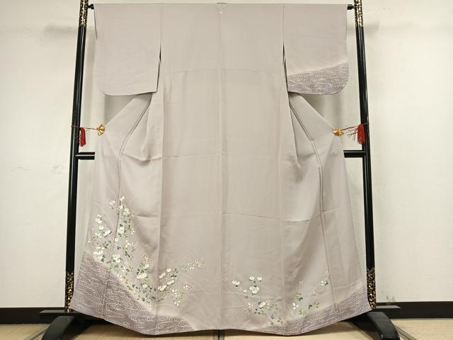 平和屋着物▽訪問着 単衣 刺繍 草花文 暈し染め 金銀糸 銀彩 正絹 逸品 AABC3950fy