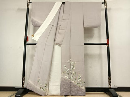 平和屋着物▽訪問着 単衣 刺繍 草花文 暈し染め 金銀糸 銀彩 正絹 逸品 AABC3950fy
