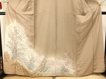 平和屋着物▽訪問着　単衣　花鳥文　暈し染め　金彩　正絹　逸品　AABC3951fy