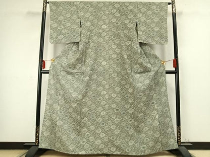 平和屋着物▽上質な小紋 単衣 紬地 型染め 花唐草文 正絹 逸品 AABC3956fy