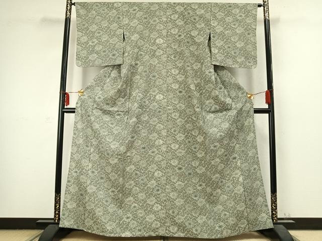 平和屋着物▽上質な小紋 単衣 紬地 型染め 花唐草文 正絹 逸品 AABC3956fy