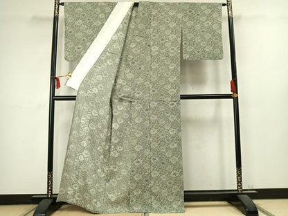 平和屋着物▽上質な小紋 単衣 紬地 型染め 花唐草文 正絹 逸品 AABC3956fy