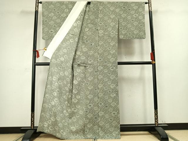 平和屋着物▽上質な小紋 単衣 紬地 型染め 花唐草文 正絹 逸品 AABC3956fy
