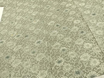 平和屋着物▽上質な小紋 単衣 紬地 型染め 花唐草文 正絹 逸品 AABC3956fy