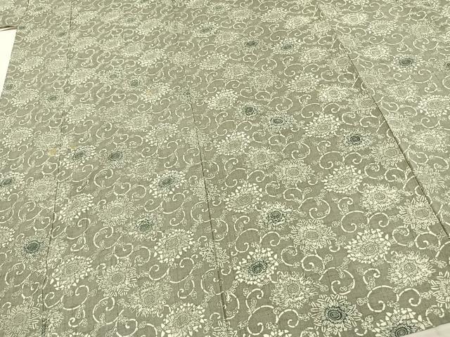 平和屋着物▽上質な小紋 単衣 紬地 型染め 花唐草文 正絹 逸品 AABC3956fy