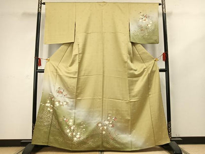 平和屋着物▽訪問着 単衣 刺繍 草花文 暈し染め 金銀彩 正絹 逸品 AABC3958fy