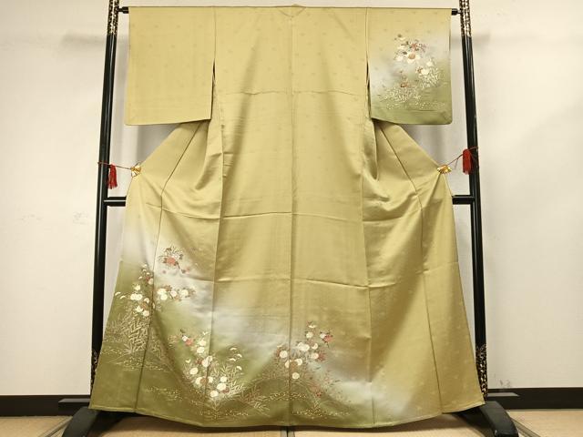 平和屋着物▽訪問着 単衣 刺繍 草花文 暈し染め 金銀彩 正絹 逸品 AABC3958fy