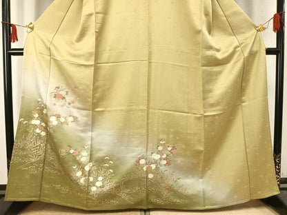 平和屋着物▽訪問着 単衣 刺繍 草花文 暈し染め 金銀彩 正絹 逸品 AABC3958fy