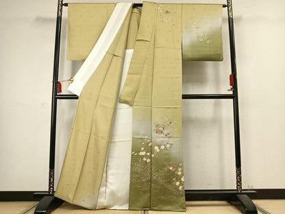 平和屋着物▽訪問着 単衣 刺繍 草花文 暈し染め 金銀彩 正絹 逸品 AABC3958fy