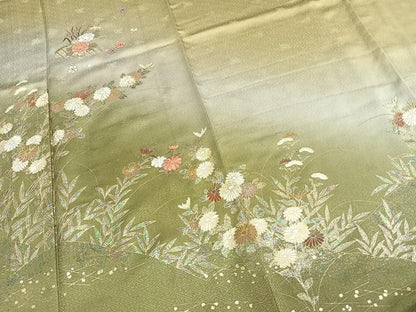 平和屋着物▽訪問着 単衣 刺繍 草花文 暈し染め 金銀彩 正絹 逸品 AABC3958fy