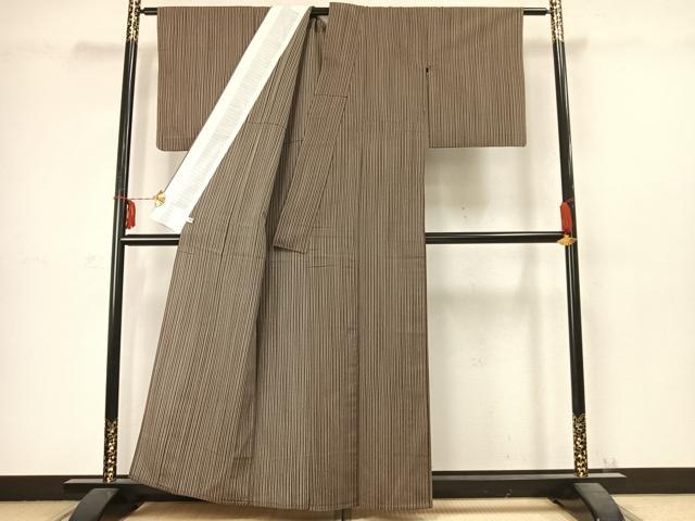 平和屋着物▽本塩沢 単衣 縞 正絹 逸品 AABC3960fy