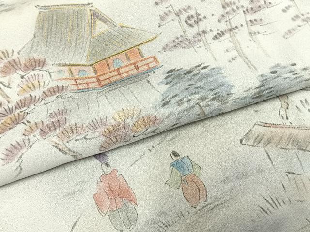 平和屋着物▽訪問着 単衣 人物風景文 暈し染め 金彩 正絹 逸品 AABC3962fy
