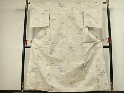 平和屋着物▽上質な紬 単衣 枝花文 正絹 逸品 AABC3967fy
