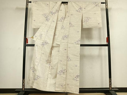 平和屋着物▽上質な紬 単衣 枝花文 正絹 逸品 AABC3967fy
