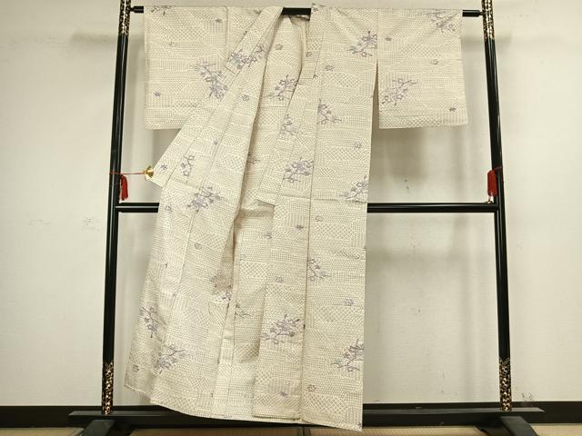 平和屋着物▽上質な紬 単衣 枝花文 正絹 逸品 AABC3967fy