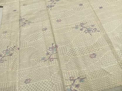 平和屋着物▽上質な紬 単衣 枝花文 正絹 逸品 AABC3967fy
