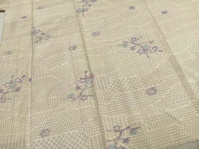 平和屋着物▽上質な紬 単衣 枝花文 正絹 逸品 AABC3967fy