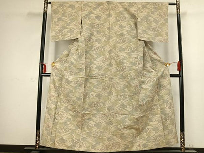 平和屋着物▽上質な紬 単衣 幾何学花文 正絹 逸品 AABC3968fy