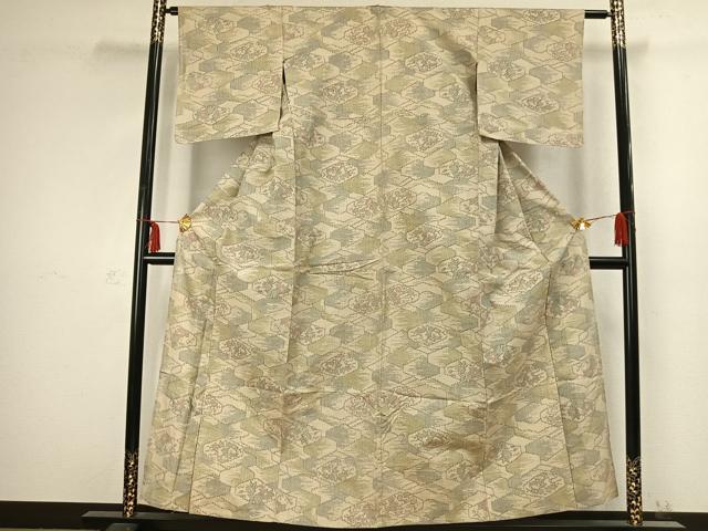 平和屋着物▽上質な紬 単衣 幾何学花文 正絹 逸品 AABC3968fy