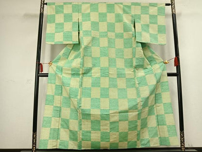 平和屋着物▽上質な紬　単衣　市松文様　正絹　逸品　AABC3969fy