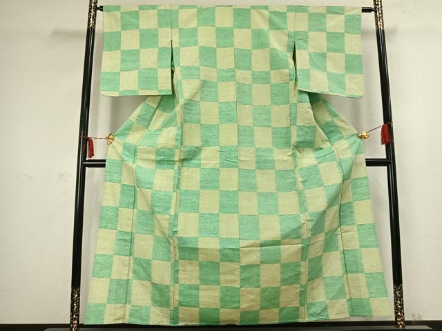 平和屋着物▽上質な紬　単衣　市松文様　正絹　逸品　AABC3969fy