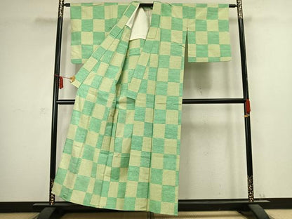 平和屋着物▽上質な紬　単衣　市松文様　正絹　逸品　AABC3969fy
