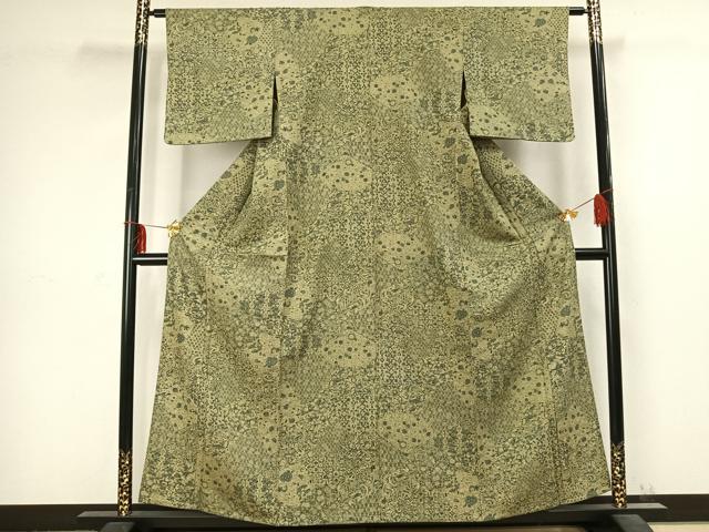 平和屋着物▽上質な小紋 単衣 切嵌花文 正絹 逸品 AABC3974fy