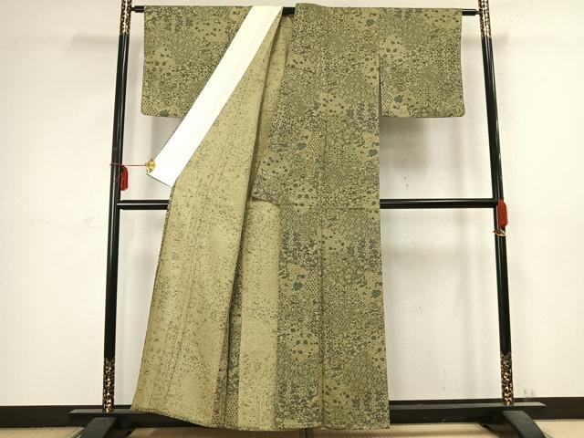 平和屋着物▽上質な小紋 単衣 切嵌花文 正絹 逸品 AABC3974fy