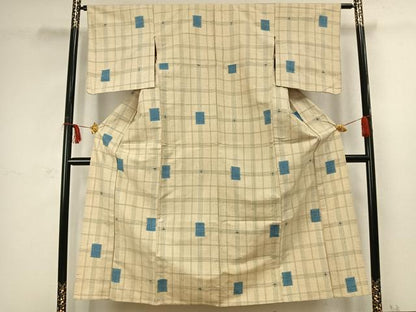 平和屋着物▽上質な紬 単衣 色紙格子文 正絹 逸品 AABC3975fy