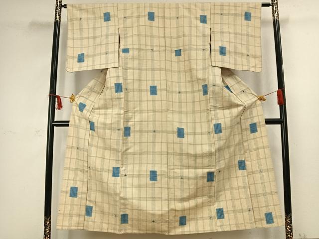平和屋着物▽上質な紬 単衣 色紙格子文 正絹 逸品 AABC3975fy