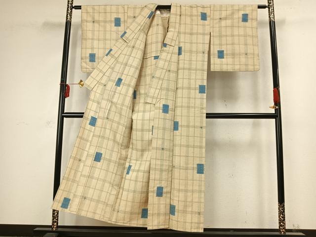 平和屋着物▽上質な紬 単衣 色紙格子文 正絹 逸品 AABC3975fy