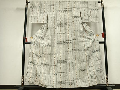 平和屋着物▽上質な紬　単衣　絞り　横段花文　正絹　逸品　AABC3982fy