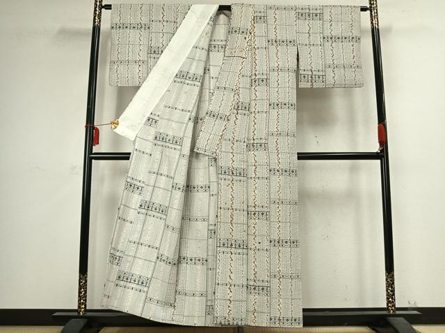 平和屋着物▽上質な紬　単衣　絞り　横段花文　正絹　逸品　AABC3982fy