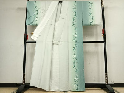 平和屋着物▽訪問着　単衣　草花文　暈し染め　金彩　正絹　逸品　AABC3987fy