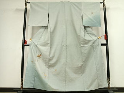 平和屋着物▽訪問着 単衣 紬地 駒刺繍 葡萄蔦の葉文 暈し染め 金彩 正絹 逸品 AABC3988fy