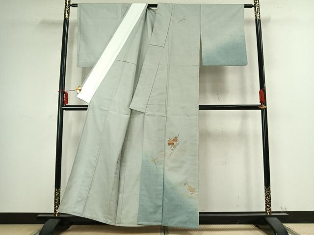 平和屋着物▽訪問着 単衣 紬地 駒刺繍 葡萄蔦の葉文 暈し染め 金彩 正絹 逸品 AABC3988fy