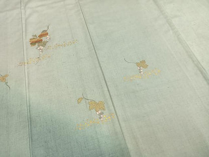 平和屋着物▽訪問着 単衣 紬地 駒刺繍 葡萄蔦の葉文 暈し染め 金彩 正絹 逸品 AABC3988fy