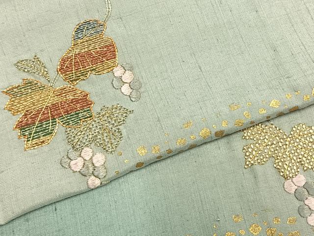 平和屋着物▽訪問着 単衣 紬地 駒刺繍 葡萄蔦の葉文 暈し染め 金彩 正絹 逸品 AABC3988fy