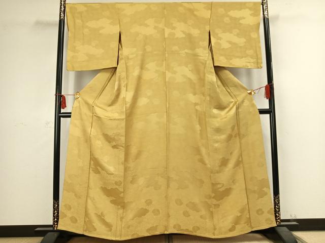 平和屋着物▽上質な色無地 単衣 雲取り花地紋 芥子色 正絹 逸品 AABC3996fy